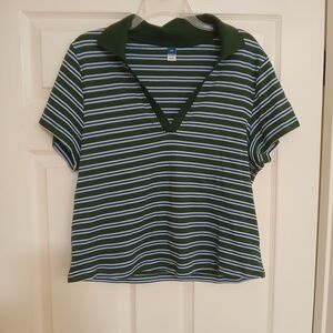 Old Navy Green, Light Blue & White Striped Polo Tee